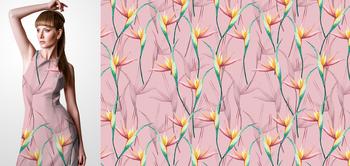 33104 Materiał ze wzorem tropikalne kwiaty (strelicja) na różowym tle